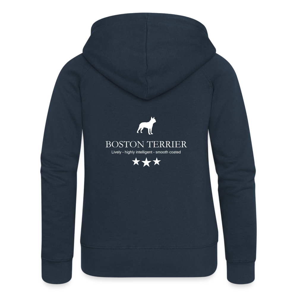 Frauen Premium Kapuzenjacke - Boston Terrier - Lively, highly intelligent, smooth coated... - Navy